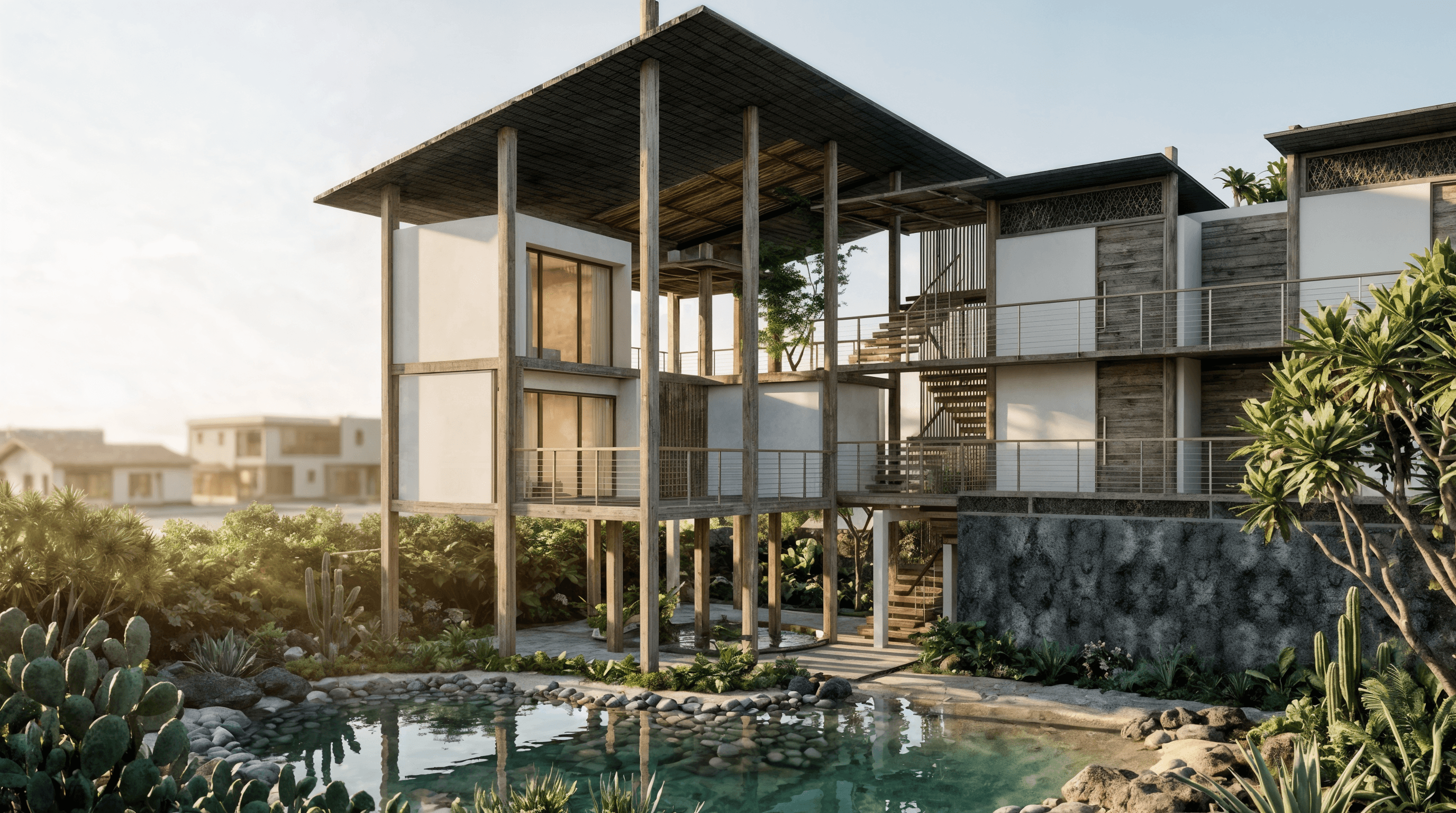 Vista posterior de un eco-hotel modular con estructura elevada sobre pilotes, techos inclinados y módulos livianos de alojamiento. El diseño incorpora materiales naturales como madera y bambú, integrándose con la vegetación tropical circundante. Un patio interior conecta visualmente los volúmenes construidos y permite la circulación del aire y la luz natural.